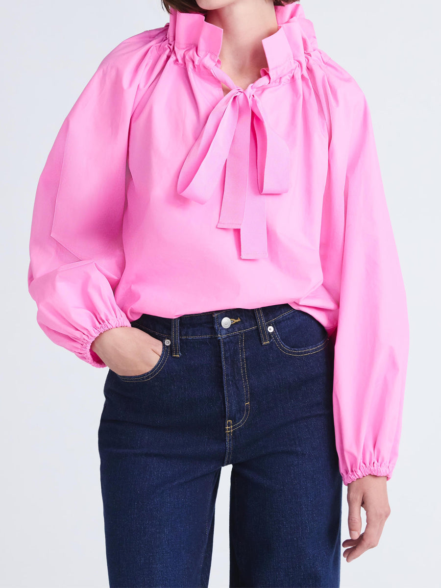 Ruffled Neck Adjustable Bow Balloon Sleeves Blouse