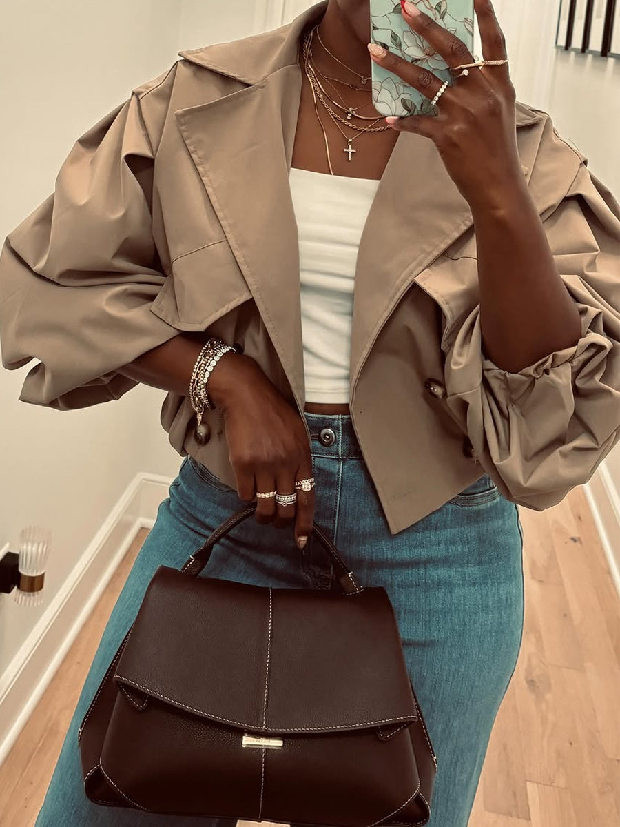 Cinched Waist Long Sleeve Cropped Trench Coat