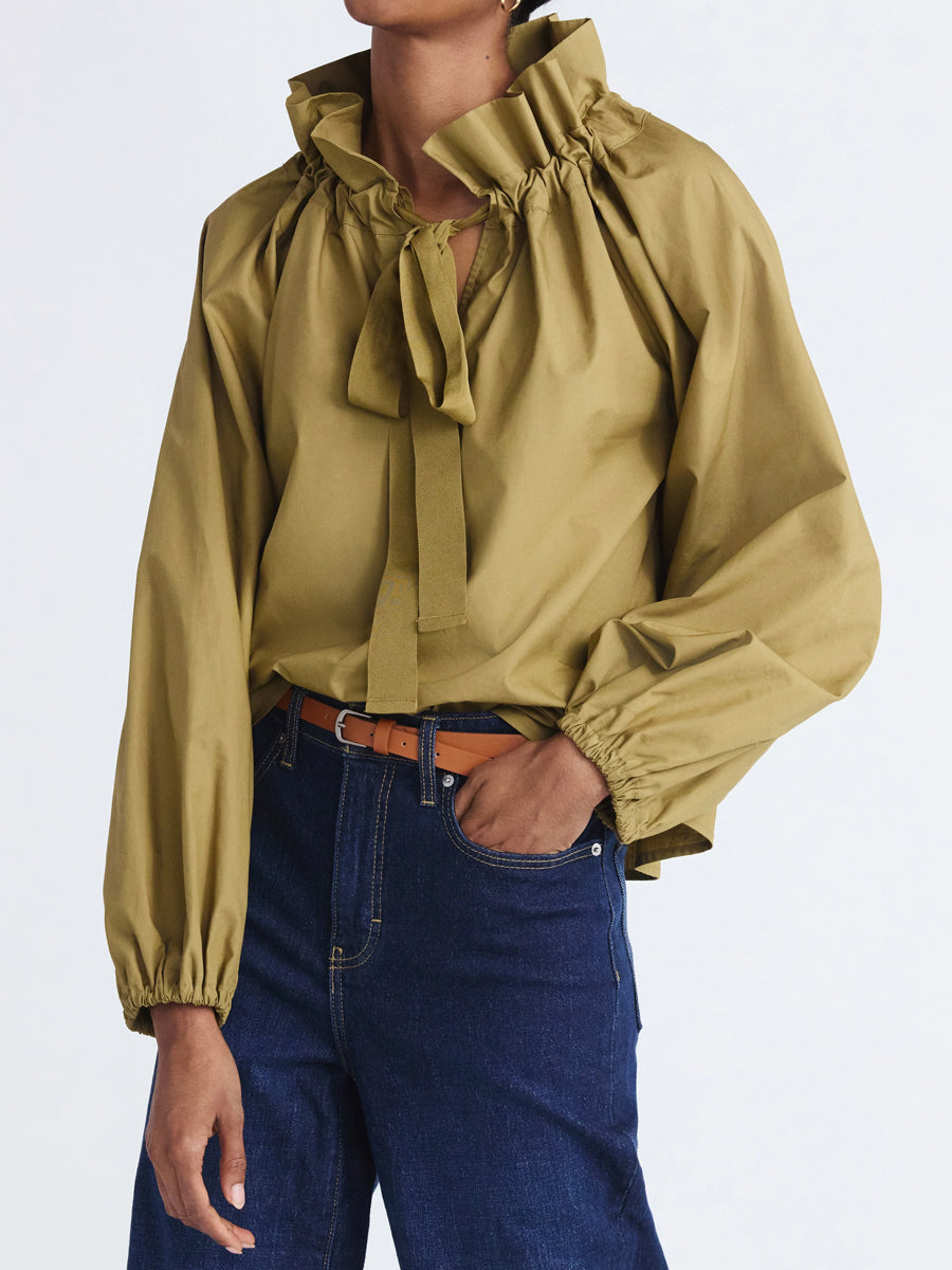 Ruffled Neck Adjustable Bow Balloon Sleeves Blouse